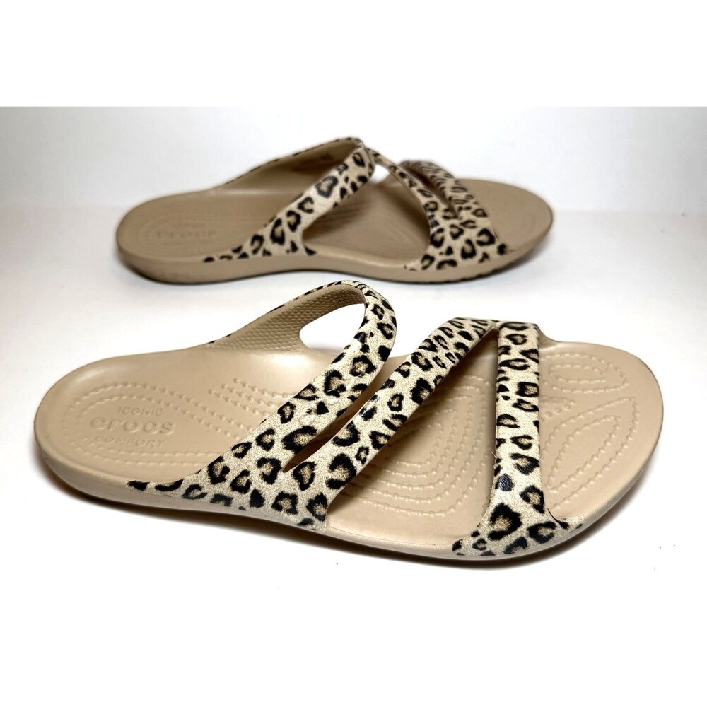 Crocs Leopard Print Triple Strap Slide Sandals Tan Women’s 6